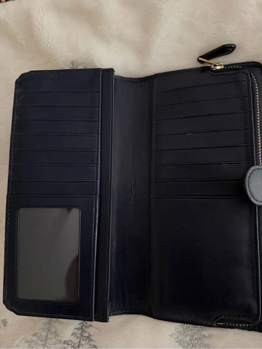 Coach Dark Navy Blue Leather Zip-Around Wallet with Gold Logo